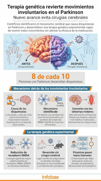 Infografía de terapia genética para Parkinson. Presenta un cerebro dividido ilustrando antes y después del tratamiento, con neuronas, un virus y diagramas explicativos.