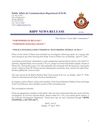 Comunicado de prensa de la mujer desaparecida en las Bahamas. Foto: Facebook