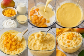 Collage de seis imágenes con los ingredientes, la mezcla en licuadora y la presentación final de un postre de mango en un tazón.