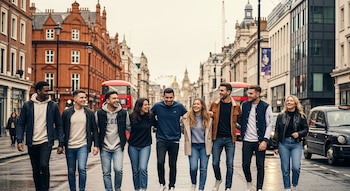 Ocho jóvenes ríen y caminan por una calle de Londres con edificios históricos, autobuses rojos y taxis negros. Al fondo, se distingue la torre del Big Ben.