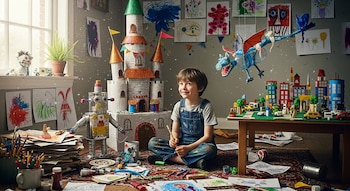 Un niño feliz sentado en el suelo de una habitación luminosa, rodeado de un castillo de cartón, un robot de latas, un dragón colgante, construcciones de Lego y muchos dibujos.