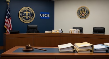 Vista frontal de una sala de audiencia con el estrado de un juez de madera, un mazo, pilas de documentos y la bandera de EE.UU. Logos del Tribunal Supremo y USCIS en la pared.