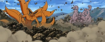 Ilustración de dos monstruos colosales, uno naranja de nueve colas y otro morado con tentáculos, en un paisaje rocoso desértico con escombros y polvo en el aire