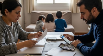 Hombre y mujer en una mesa con facturas, un móvil y una calculadora; dos niños desenfocados juegan detrás en un sofá.