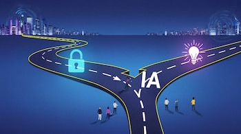 Ilustración de carretera bifurcada en azul. Un camino presenta un candado y otro las letras IA con una bombilla, con personas en la intersección.