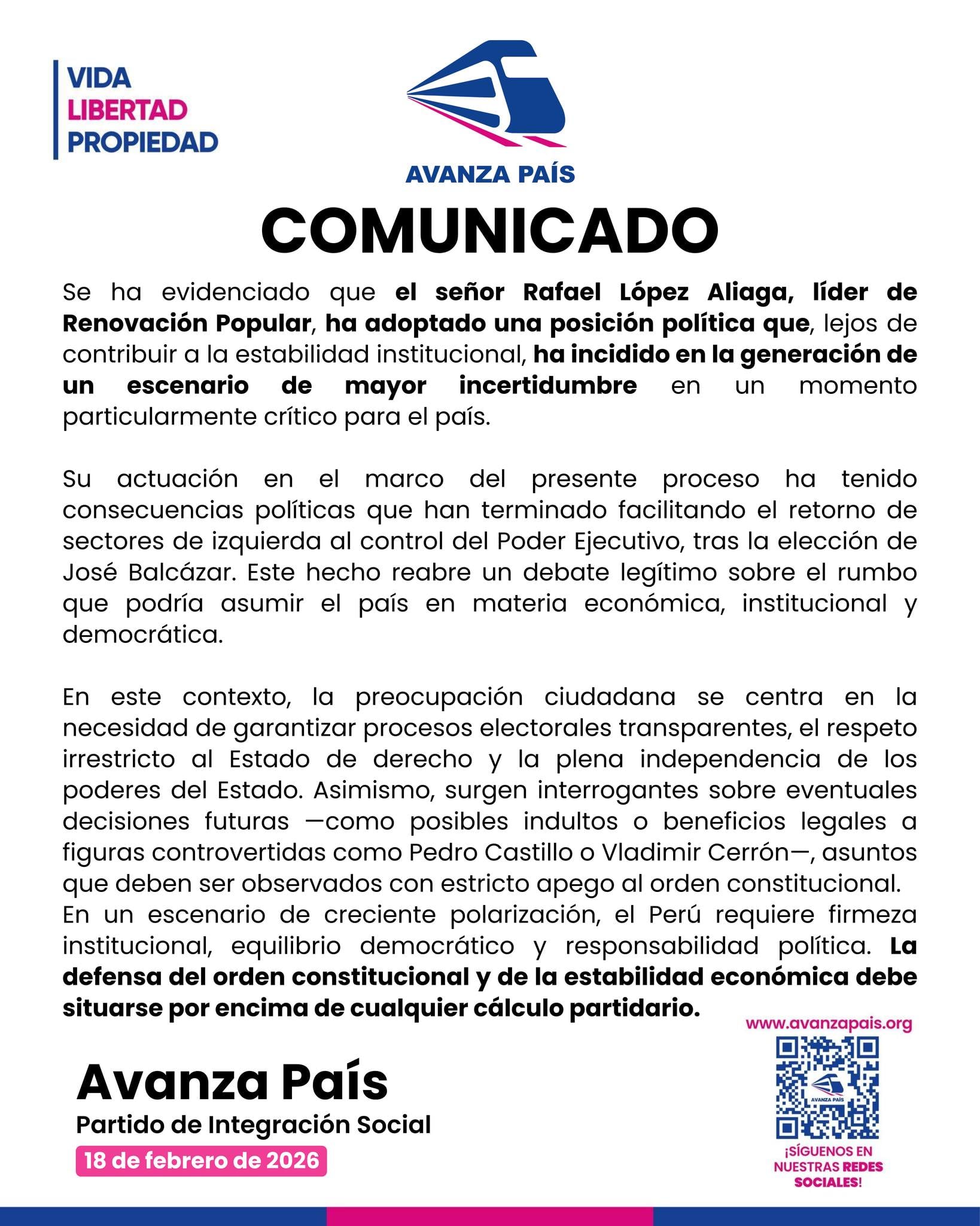 El partido Avanza País emite un comunicado expresando preocupación por la inestabilidad política generada tras la elección de José Balcázar y exige defensa del orden constitucional.