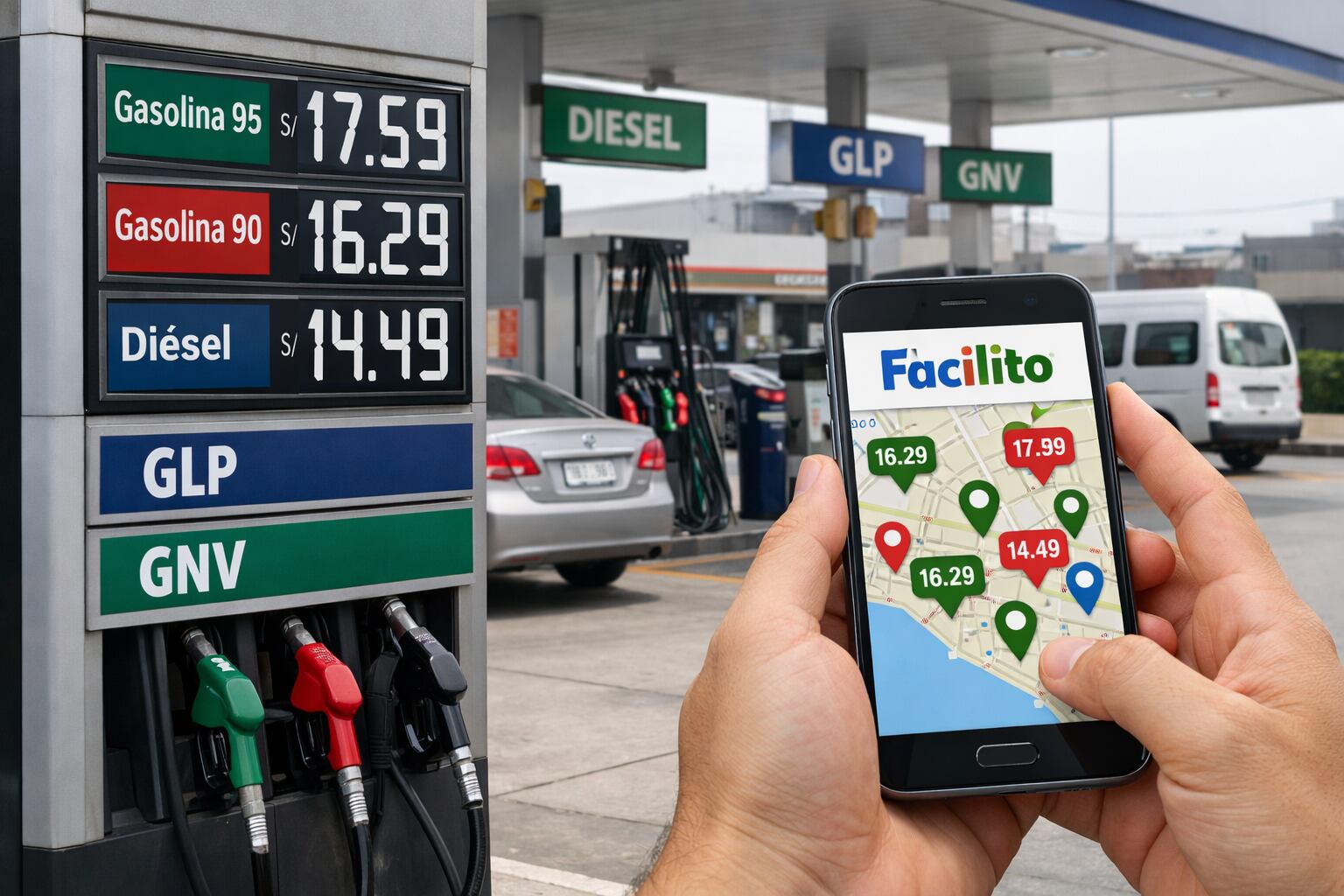 Una estación de servicio en Perú muestra los precios de gasolina y diésel, mientras una mano sostiene un celular con la aplicación Facilito que compara costos de combustible en Lima. (Imagen Ilustrativa Infobae)