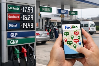 Bomba de gasolina con precios digitales de combustible en soles y manos que sostienen un celular mostrando la aplicación Facilito con un mapa de precios en Lima.