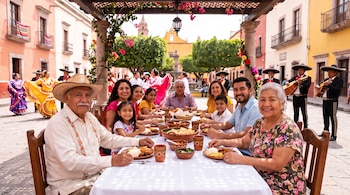 Mesa larga con una familia comiendo, platos de comida, vasos, y una pérgola florida. Mariachis, bailarines folclóricos, edificios coloniales y una iglesia en el fondo.