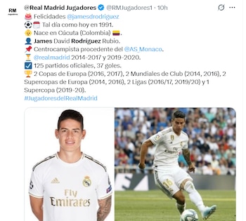 Esta fue la felicitación de la cuenta oficial de hinchas de Real Madrid para James Rodríguez en el día de su cumpleaños - crédito @Real MadridJugadores/X