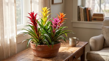 Maceta de terracota con bromelias rojas, amarillas, rosas y naranjas sobre mesa de madera. Detrás, ventana con cortinas claras, taza y un sillón.