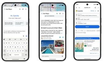 Tres iPhones con interfaces de Google Maps y Expedia. Muestran consultas de hoteles y restaurantes en Miami, resultados de búsqueda y detalles de reserva
