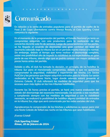 El comunicado de Sporting Cristal