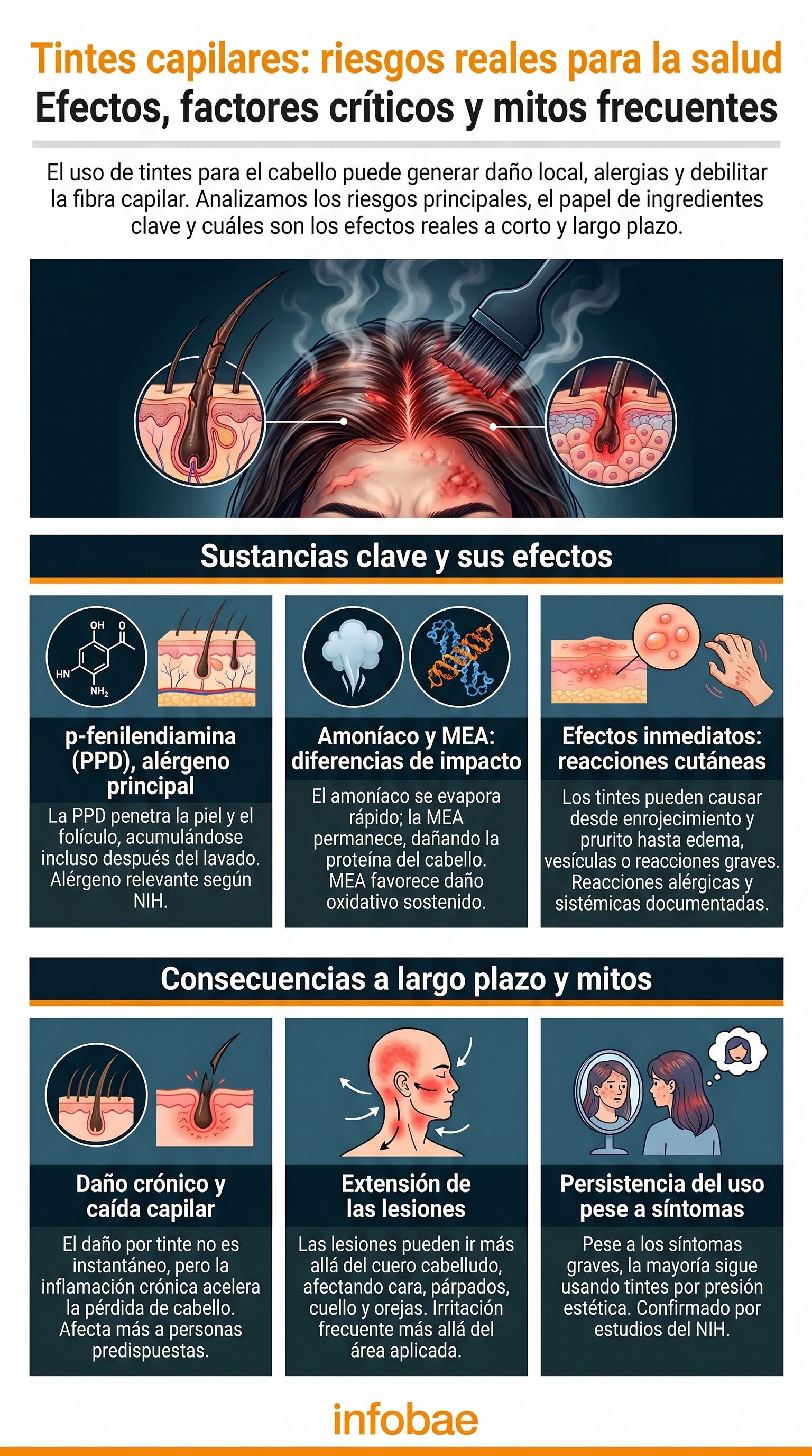 Esta infografía ilustra los riesgos reales de los tintes capilares, mostrando cómo la PPD y la MEA afectan el cuero cabelludo con dermatitis, daños crónicos y caída del cabello, destacando el uso persistente pese a síntomas. (Imagen Ilustrativa Infobae)