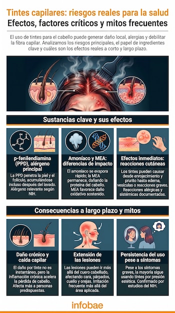 Infografía que ilustra los riesgos de los tintes capilares, mostrando una persona tiñéndose, estructuras químicas, efectos en el folículo, piel irritada y cabello dañado.