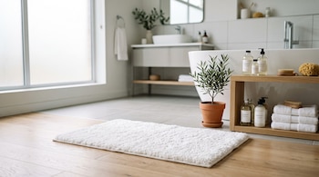 Tapete de baño blanco en primer plano con una planta en maceta, toallas y frascos sobre un estante de madera al fondo.