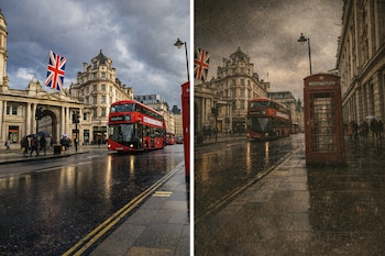 Una imagen dividida por una línea blanca. A la izquierda, un autobús rojo bajo la lluvia en Londres. A la derecha, la misma escena con efecto vintage y una cabina telefónica roja.