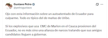 El mandatario insistió en que se investiga si los explosivos llegaron desde Ecuador - crédito @petrogustavo/X