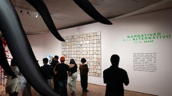 Visitantes de espaldas contemplan una retícula de cuadros en la pared de un museo junto a un texto con letras verdes y negras.