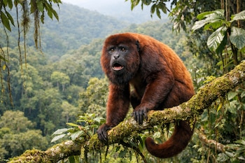 Un mono aullador rojizo con cara negra se aferra a una rama de árbol cubierta de musgo. Detrás se ve un paisaje de selva frondosa.