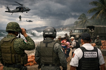 Militares mexicanos en una playa con un cielo tormentoso, olas grandes y lluvia; se ven dos helicópteros, un camión y civiles siendo asistidos.