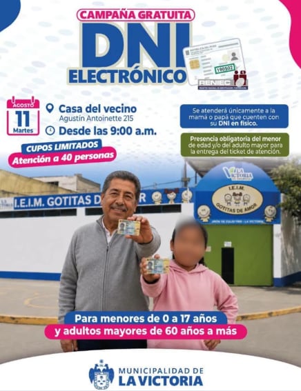 La campaña de DNI electrónico se llevará a cabo este 11 de agosto - Créditos: Municipalidad de La Victoria.