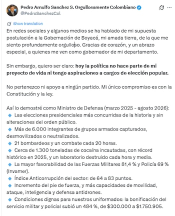 El exministro de Defensa, Pedro Sánchez, negó aspiraciones políticas - crédito @PedroSanchezCol/X