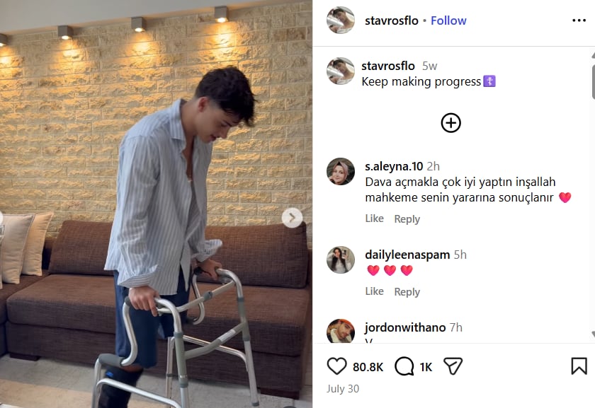 Floros mostró, en una publicación reciente de Instagram, que está aprendiendo a movilizarse con un andador (Captura: redes sociales)