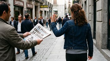 Una mujer vista de espaldas levanta la mano para rechazar un periódico impreso que le ofrece un hombre en una calle peatonal.