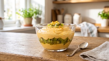 Tazón transparente con mousse de naranja y kiwi junto a una cuchara de metal y una servilleta de tela sobre una mesa de madera.
