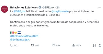 La titular de la SRE también felicitó al candidato
