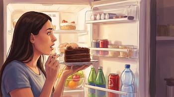 Ilustración de una mujer con cabello oscuro, vistiendo una camiseta gris, sosteniendo un plato con un trozo de pastel de chocolate y un tenedor, mirando dentro de una nevera con varios alimentos.