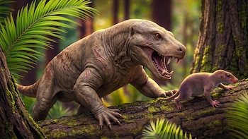 Primer plano de la cabeza de un Cinodonte. Se aprecian su piel escamosa de color marrón, ojo naranja brillante, dientes afilados, colmillos y cicatrices rojizas