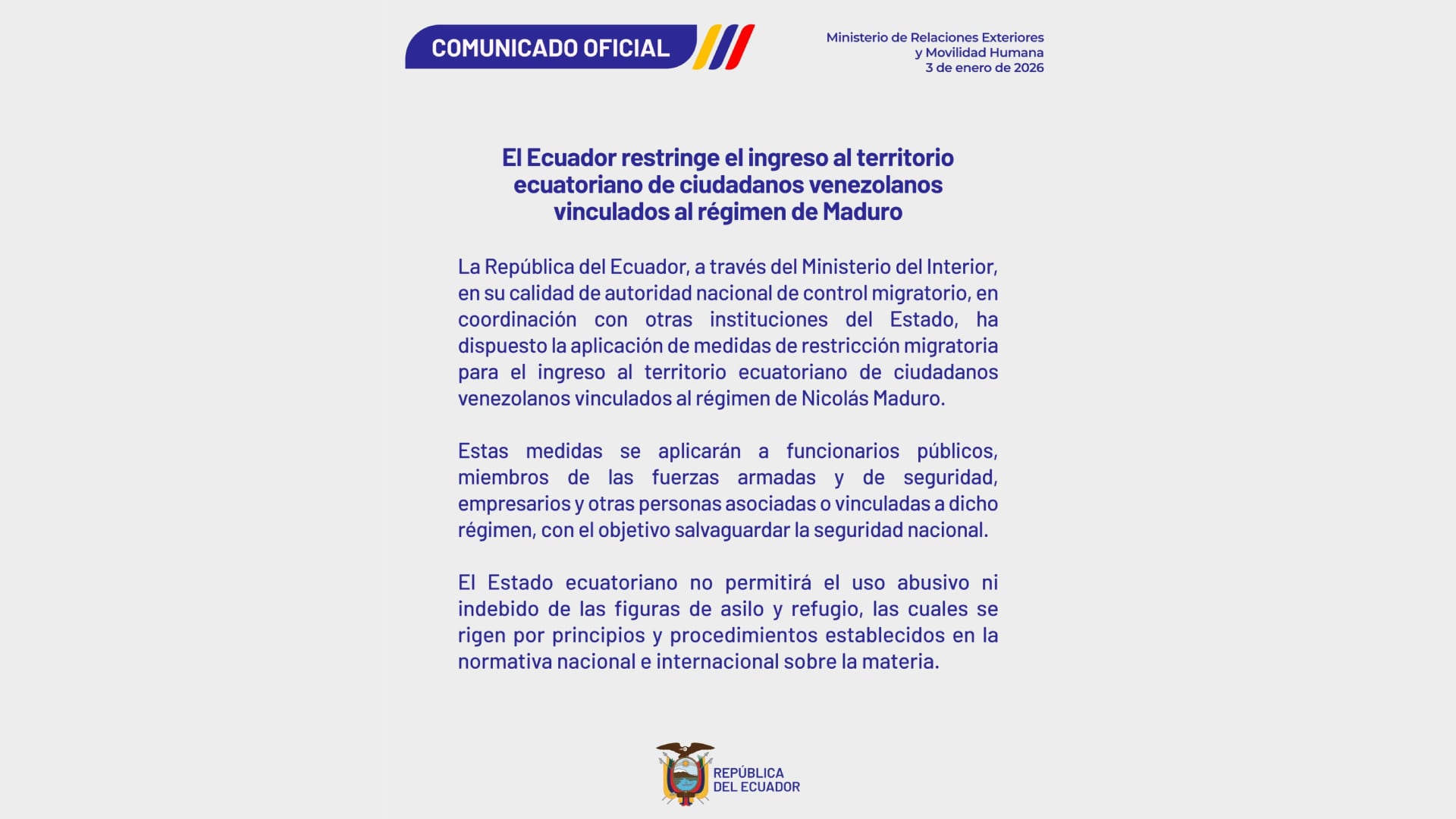 El comunicado oficial del Gobierno de Ecuador sobre el ingreso al país de ciudadanos venezolanos vinculados al régimen de Maduro (X)