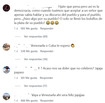 Captura de pantalla de comentarios de usuarios en una red social. Incluye texto, iconos de perfil, cantidad de "Me gusta" y botones de respuesta