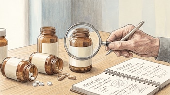 Dibujo editorial: Mesa de madera clara con frascos de suplementos y vitaminas, comprimidos, un cuaderno abierto y una lupa. Una mano sostiene un bolígrafo.