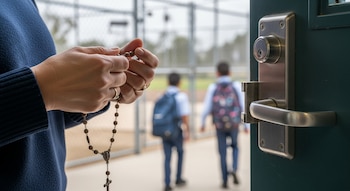 Primer plano de manos adultas sosteniendo un rosario frente a una puerta escolar verde con cerradura. Niños con mochilas aparecen desenfocados en el fondo.