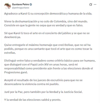 El presidente exaltó las palabras de Karol G - crédito @petrogustavo/X