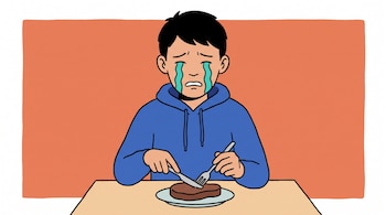 Ilustración de una persona con buzo azul y lágrimas en el rostro, comiendo carne sobre una mesa ante un fondo naranja.