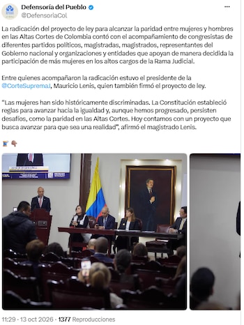 Proyecto de ley busca cerrar la brecha de género en la cúpula judicial colombiana - crédito @DefensoriaCol/X