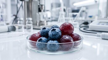 Arándanos y uvas rojas con gotas de agua en una placa de Petri de vidrio sobre una superficie de laboratorio.