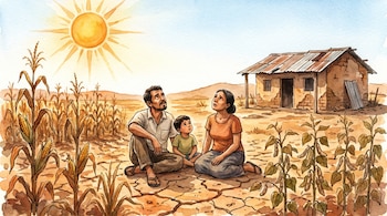 Ilustración en acuarela de una familia sentada en tierra agrietada bajo un sol intenso. Se ven cultivos secos de maíz y plantas, y una casa rural deteriorada.