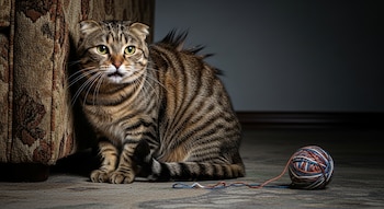 Gato atigrado con orejas aplanadas, pelo erizado y ojos verdes-amarillos sentado detrás de un sofá estampado, con un ovillo de lana multicolor en el suelo.