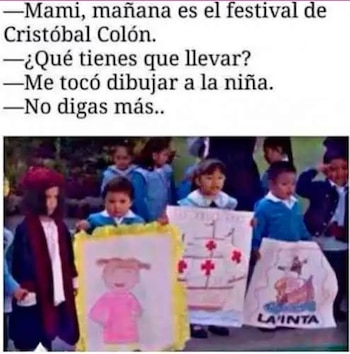Texto superior con un diálogo humorístico y fotografía inferior de niños con carteles dibujados en un festival escolar
