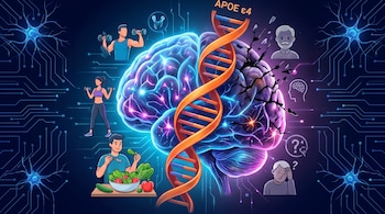 Ilustración de un cerebro dividido por una hélice de ADN. Un lado sano con ejercicio y nutrición; el otro deteriorado con signos de deterioro cognitivo y el gen APOE ", "4.