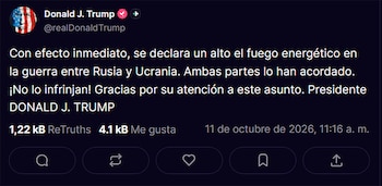 Captura de pantalla de un mensaje en red social publicado por Donald Trump sobre la guerra entre Rusia y Ucrania