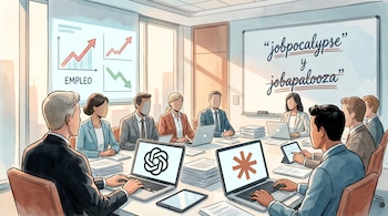 Ilustración de ejecutivos en una sala de juntas. Laptops muestran logos de OpenAI y Anthropic. Proyecciones de empleo y pizarra con 'jobpocalypse' y 'jobapalooza'.