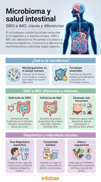 Infografía sobre microbioma, SIBO e IMO; muestra cuerpo humano con órganos, intestinos con bacterias, persona con síntomas, test de aire, medicamentos y alimentos.
