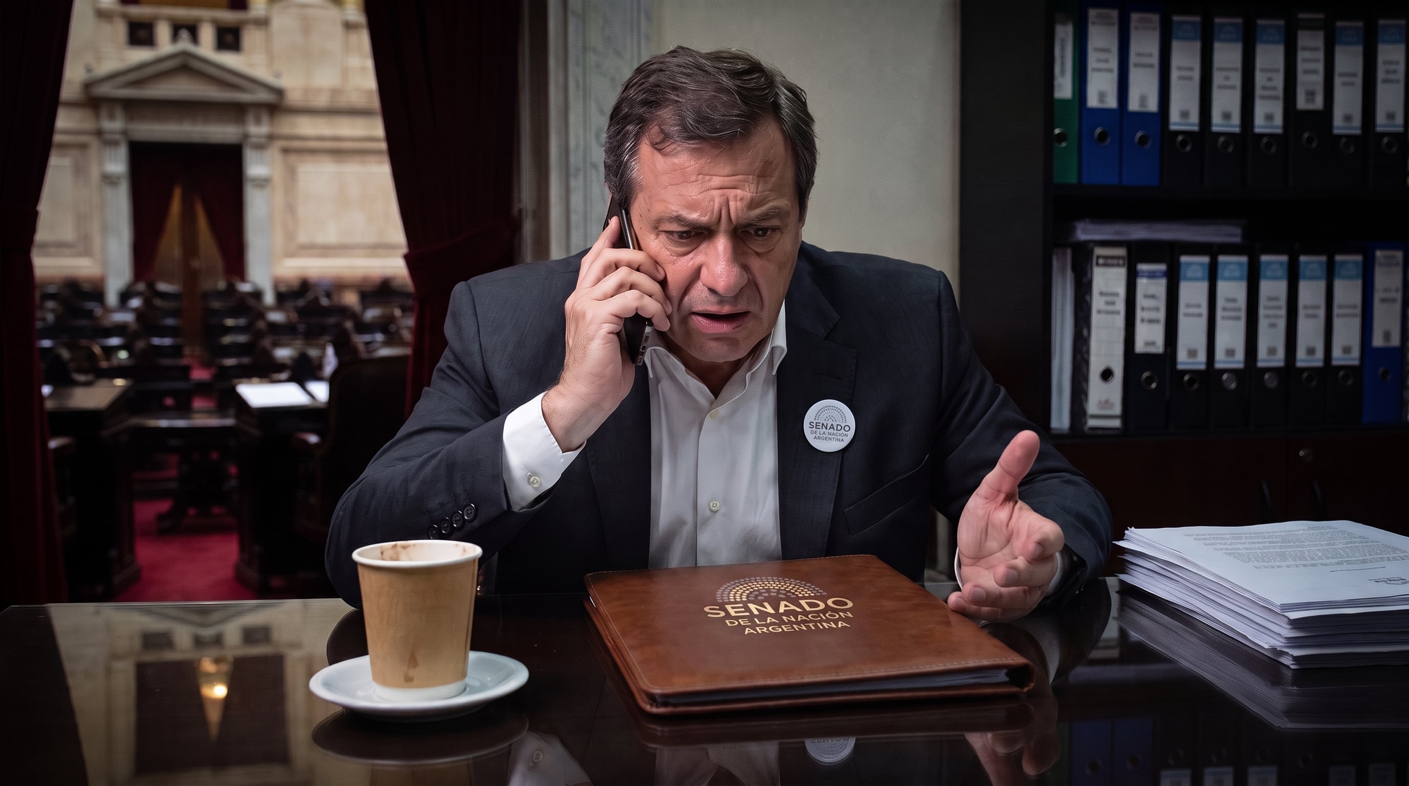 Un empleado del Senado de la Nación Argentina realiza una llamada telefónica frente a una carpeta oficial y varios documentos en su escritorio. (Imagen Ilustrativa Infobae)