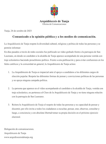 Arquidiócesis de Tunja respondió al
